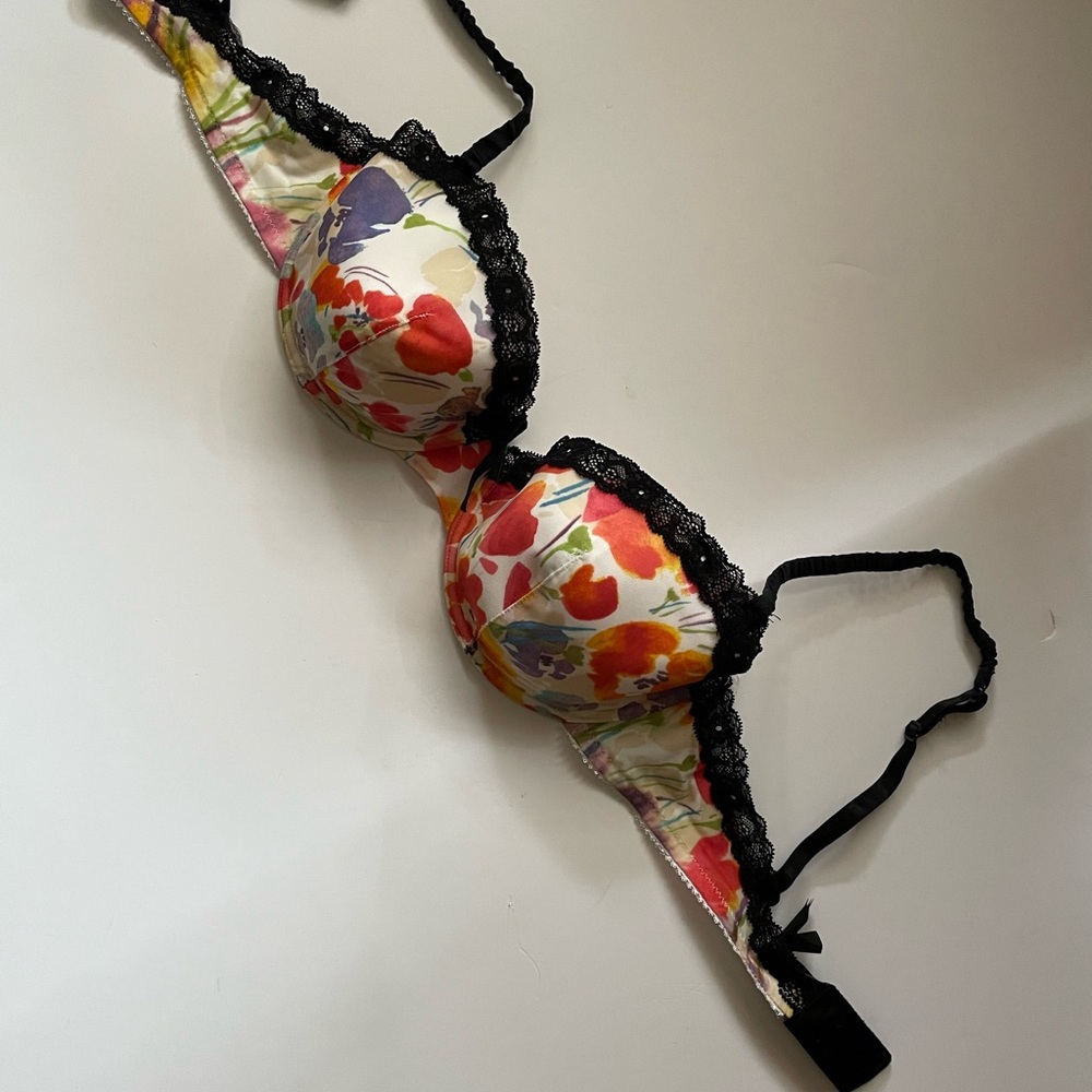 Floral Print Bra with Black Lace Trim